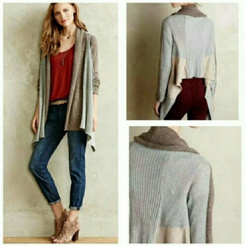 Anthropologie Sparrow Mixed Media Open Front Cardigan Sweater Size MED Gray Tan